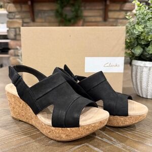 Clarks Annadel Ivory Black Nubuck Cork Wedge Sandals Shoes Women 6.5M